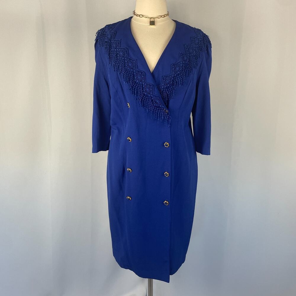 Vintage Coat Dress Plus Size 18W Royal Blue Fringe Button Office Career 80s 90s